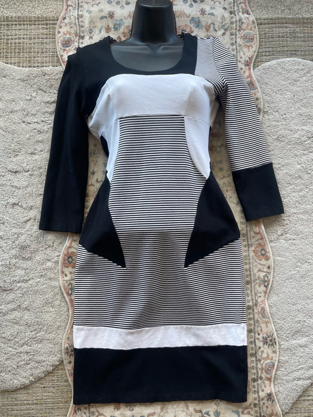 Gianfranco Ferré Black and White Paneled Striped Bodycon Vintage Dress